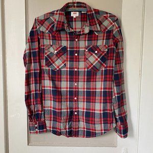 Levis Western Plaid Long Sleeve Snap Shirt, Red Gray Blue, Size Small
